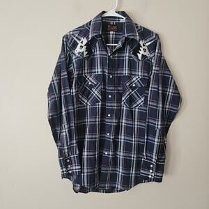 Vintage Plains Western Wear Plaid Blue Pearl Snap Longsleeve Small
